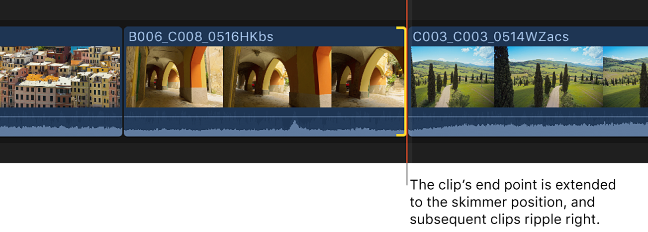 The clip’s end point shown extended to the skimmer position in the timeline