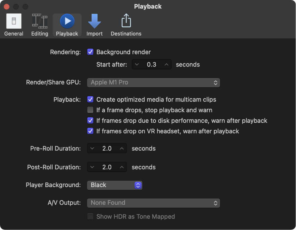 The Playback pane of the Final Cut Pro Settings window