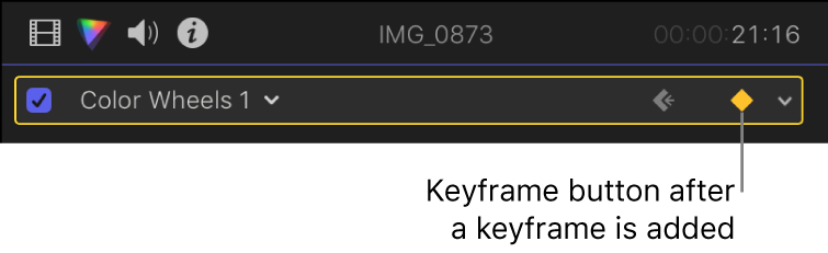 El botón “Fotograma clave” del efecto de ruedas de color activado en el inspector de color