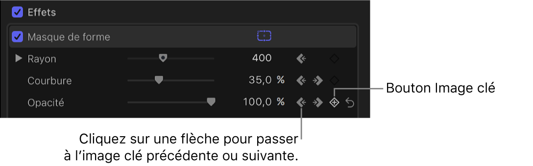 Commandes des images clés dans la section Masque de forme de l’inspecteur vidéo