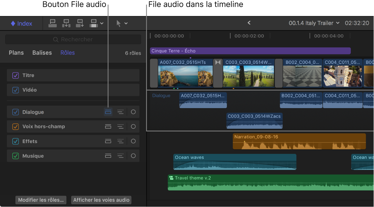 Index de la timeline montrant le bouton File audio pour le rôle Dialogue mis en surbrillance, et timeline montrant une autre file audio pour les plans associés au rôle Dialogue