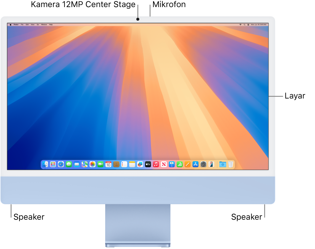 Bagian depan iMac menampilkan layar, kamera, mikrofon, dan speaker.