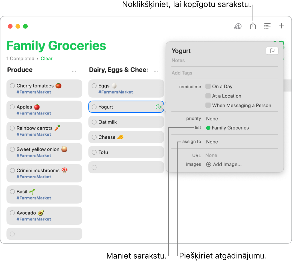 Lietotnes Reminders logs, kurā redzama atgādinājuma informācija par kopīgoto iepirkumu sarakstu.