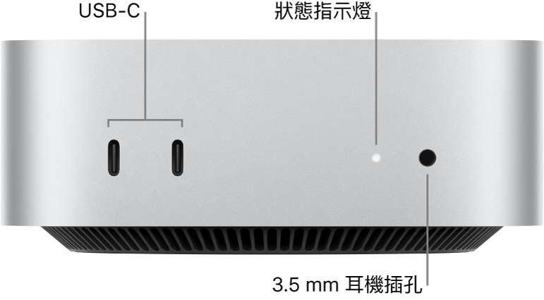 Mac mini 正面顯示兩個USB-C 埠、狀態指示燈和 3.5 mm 耳機插孔。