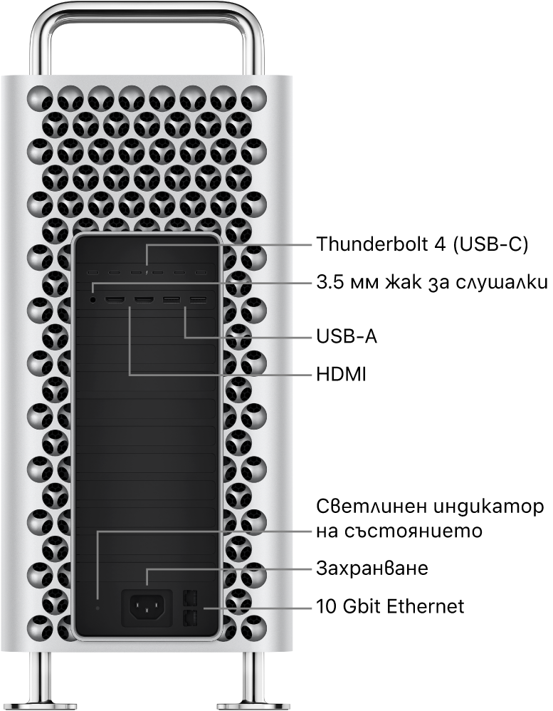 Страничен изглед на Mac Pro, който показва шест Thunderbolt 4 (USB-C) порта, 3.5 мм жак за слушалки, два USB-A порта, два HDMI порта, светлинен индикатор на състоянието, порт за захранване и два 10 Gbit Ethernet порта.