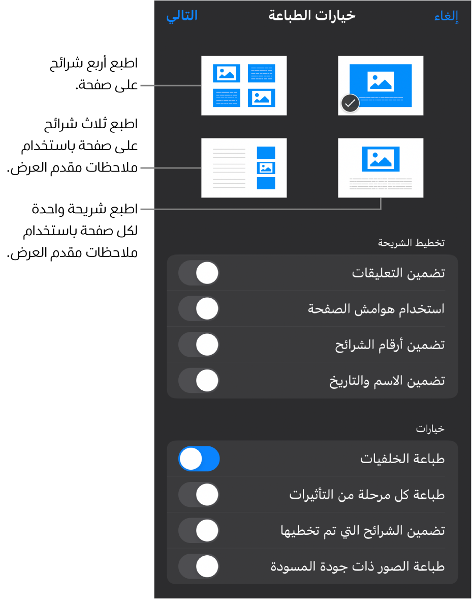 طباعة خيارات التخطيط.