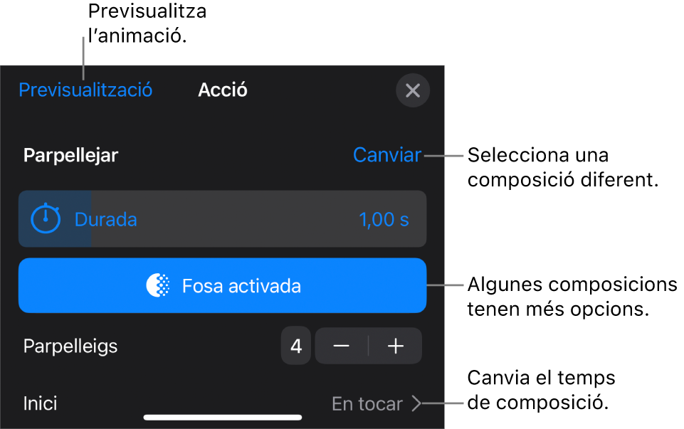 Les composicions d’entrada tenen les opcions Durada i “Temporització d’inici”. Toca “Canvia” per seleccionar una entrada diferent o “Previsualitza” per previsualitzar la composició.