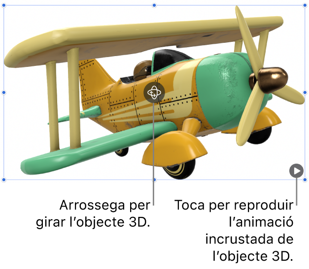 Un objecte 3D amb el botó “Gira” al mig de l’objecte i el botó “Reprodueix” a l’angle inferior dret.