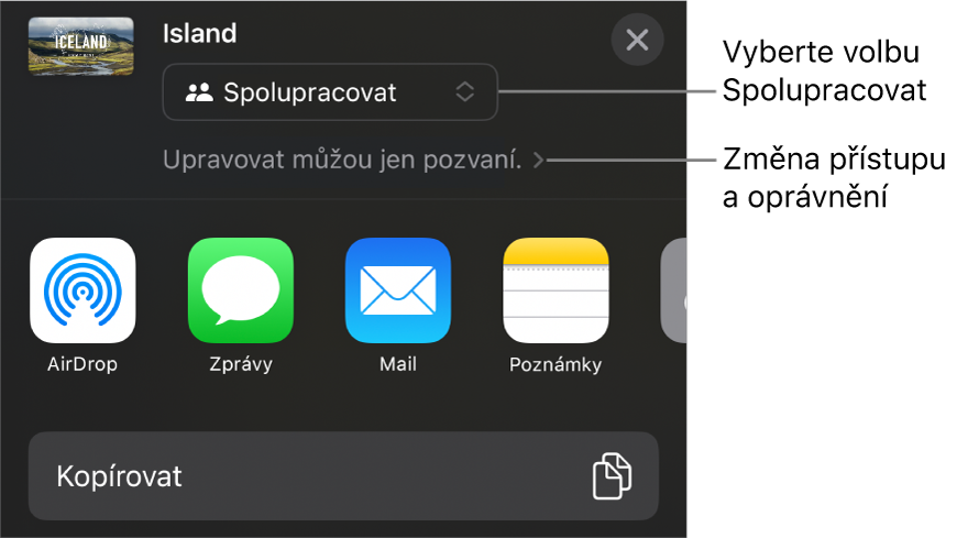 Nabídka sdílení, v níž je nahoře vidět vybraná volba Spolupracovat a pod ní volby pro nastavení přístupu a oprávnění