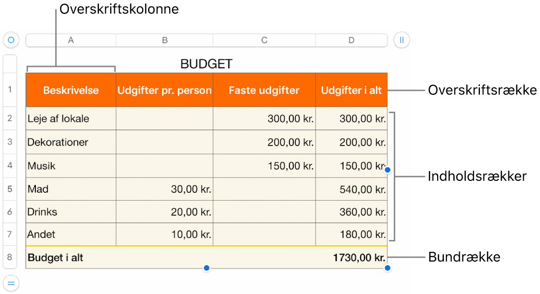 En tabel med overskrifts-, indholds- og bundrækker og -kolonner og håndtag til tilføjelse eller sletning af rækker eller kolonner.