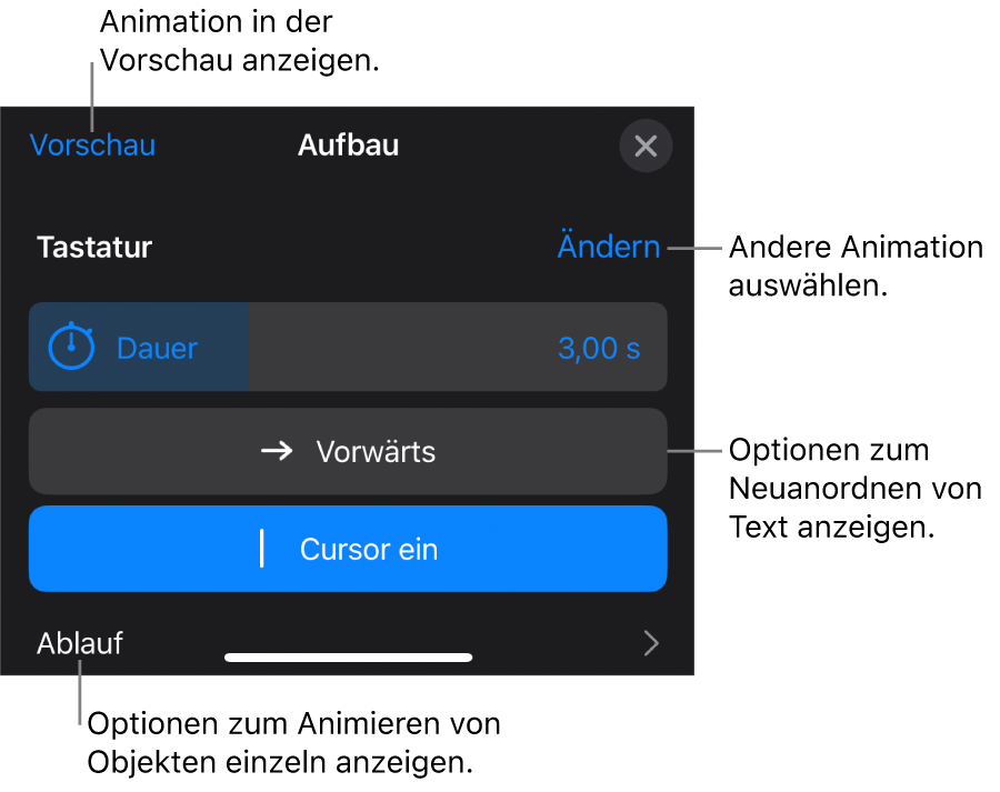 Animationsoptionen wie „Dauer“, „Textanimation“ und „Ablauf“. Tippe auf „Ändern“, um eine andere Animation zu wählen, oder tippe auf „Vorschau“, um eine Vorschau der Animation anzuzeigen.