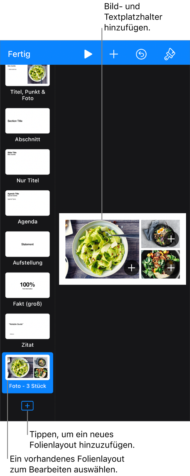 Ein Folienlayout ist auf dem Arbeitsbereich zu sehen, die Taste „Folienvorlage hinzufügen“ befindet sich unten im Foliennavigator.