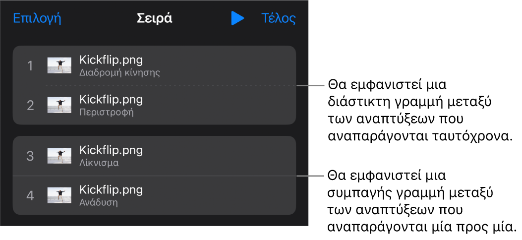 Το μενού «Σειρά ανάπτυξης», με μια εστιγμένη γραμμή που εμφανίζεται μεταξύ των αναπτύξεων που αναπαράγονται ταυτόχρονα και μια συμπαγή γραμμή μεταξύ των αναπτύξεων που παίζουν μία μία.