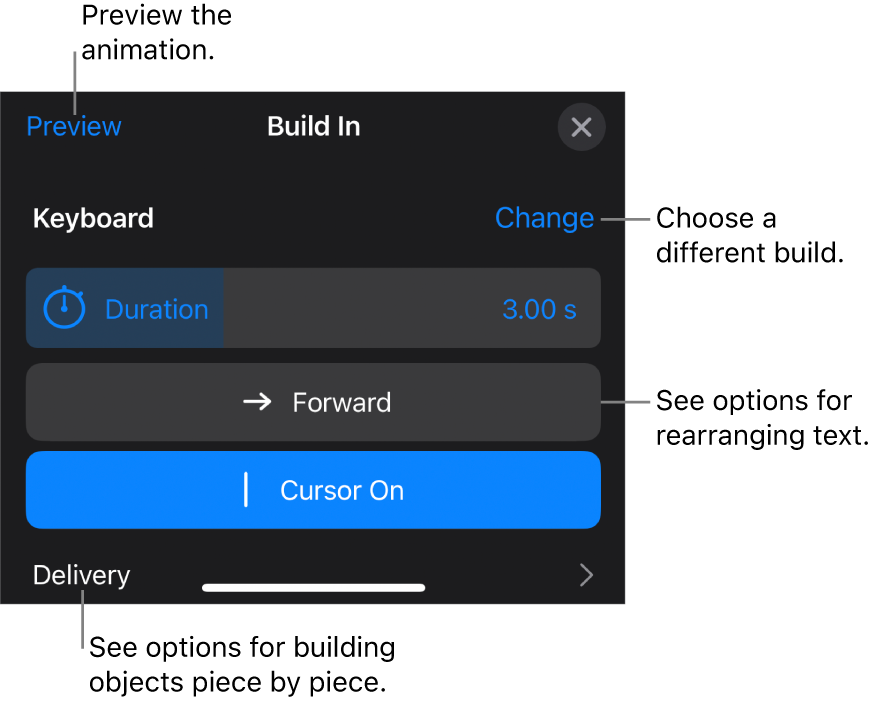 Build options include Duration, Text Animation and Delivery. Tap Change to choose a different build or tap Preview to preview the build.