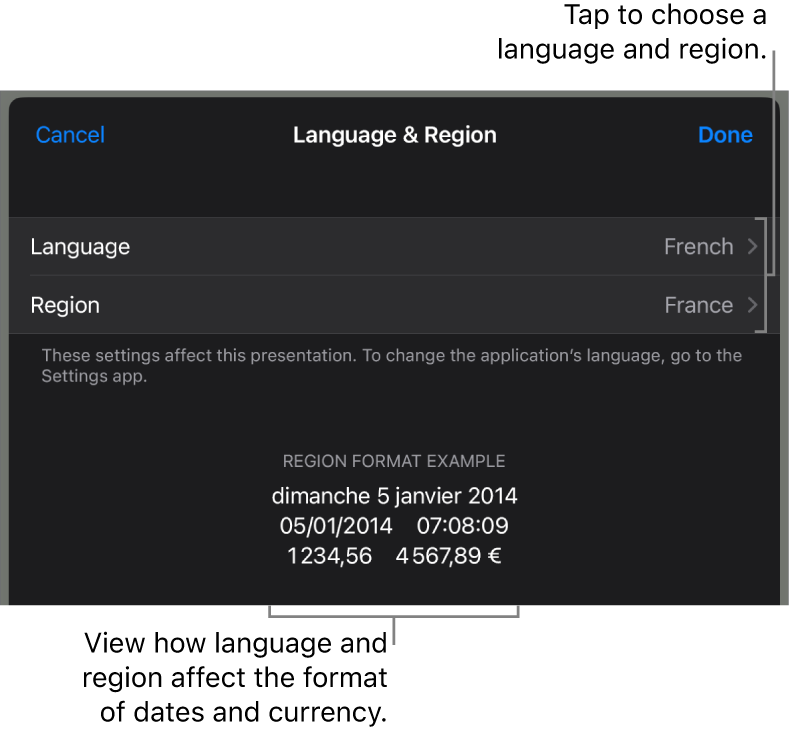 Language and Region pane with controls for language and region, and a format example including date, time, decimal and currency.