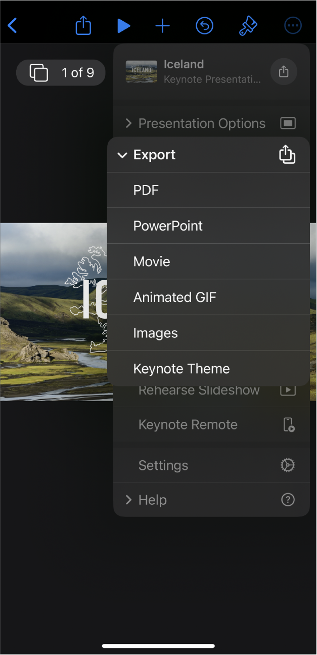 The Keynote app with the Export options open in the More menu in the toolbar.