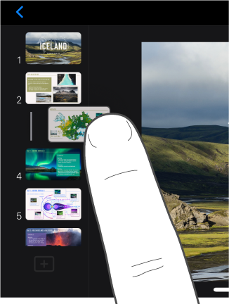 Image of a finger dragging a slide thumbnail in the slide navigator.