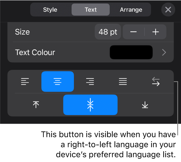 Text controls in the Format menu, with a callout to the Right to Left button.