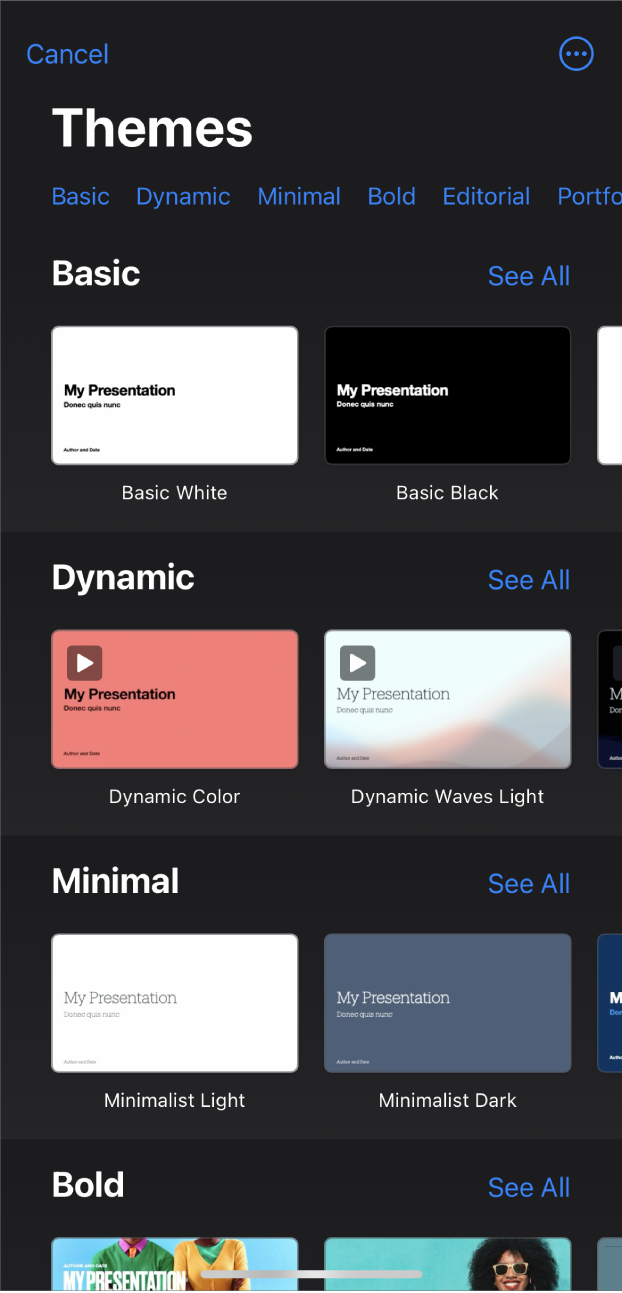 The theme chooser, showing a row of categories across the top that you can tap to filter the options. Below are thumbnails of pre-designed themes arranged in rows by category.