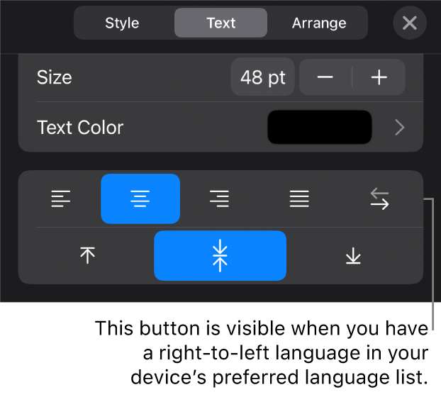 Text controls in the Format menu, with a callout to the Right to Left button.