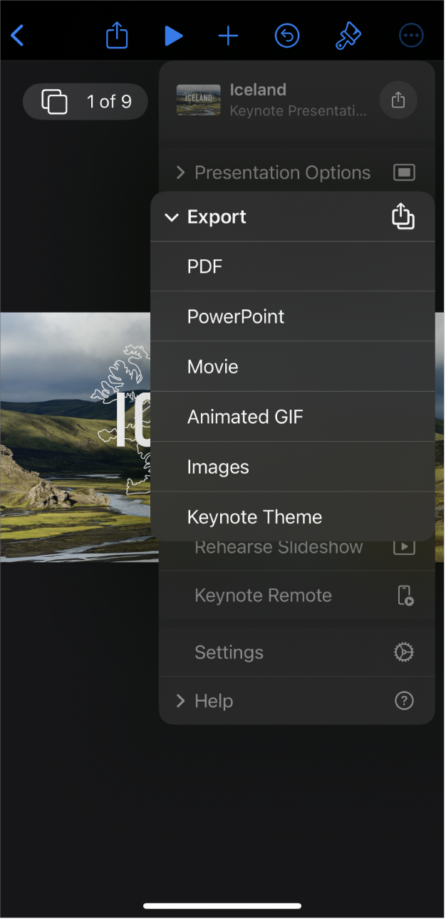 The Keynote app with the Export options open in the More menu in the toolbar.