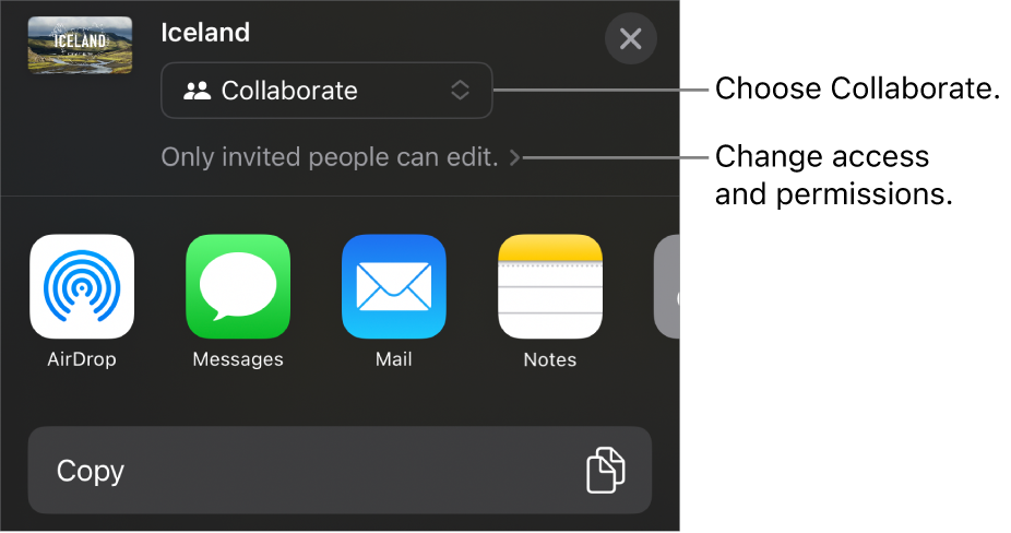 The Share menu with Collaborate selected at the top, and access and permission settings underneath.