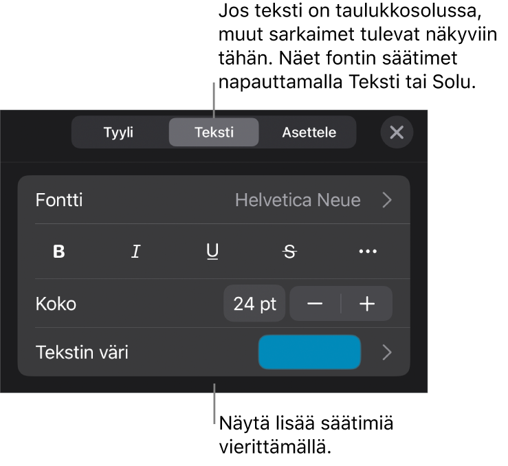 Muoto-valikon tekstisäätimet kappale- ja merkkityylien, fontin, koon ja värin valitsemista varten.