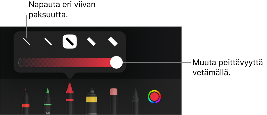 Viivan paksuuden valitsemisen säädin ja peittävyyden säätämisen liukusäädin.