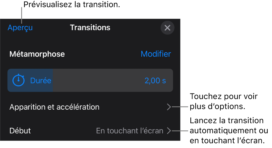 Commandes Métamorphose de la sous-fenêtre Transitions.