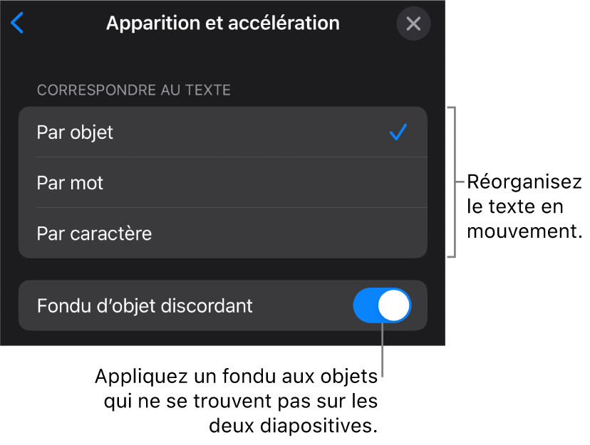 Options d’apparition et d’accélération Métamorphose dans la sous-fenêtre Accélération.