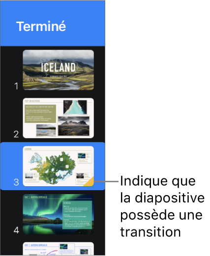 Un triangle jaune sur une diapositive indique que la diapositive comporte une transition.