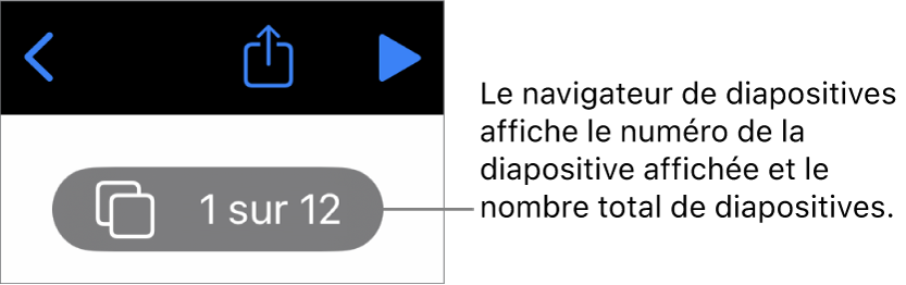 Le bouton du navigateur de diapositives affichant le numéro de la diapositive actuelle et le nombre total de diapositives dans la présentation.