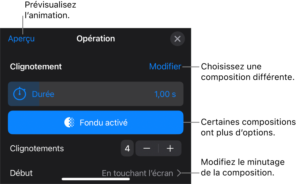 Les options de composition comprennent les minutages Durée et Début. Touchez Modifier pour choisir une composition différente, ou touchez Aperçu pour la prévisualiser.