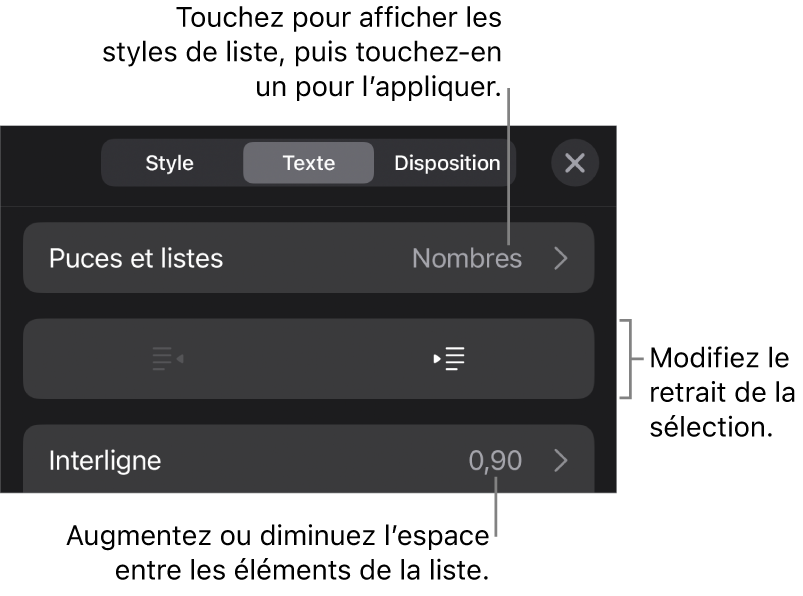 La section « Puces et listes » des commandes Format avec des légendes pour « Puces et listes », les boutons d’indentation et de suppression d’indentation et les commandes d’espacement entre les lignes.