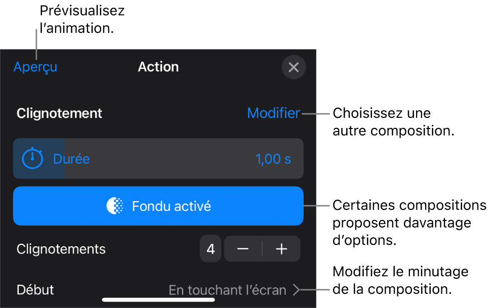 Les options de composition comprennent les options de minutage Durée et Début. Touchez Modifier pour sélectionner une autre composition ou touchez Aperçu pour afficher un aperçu de la composition.