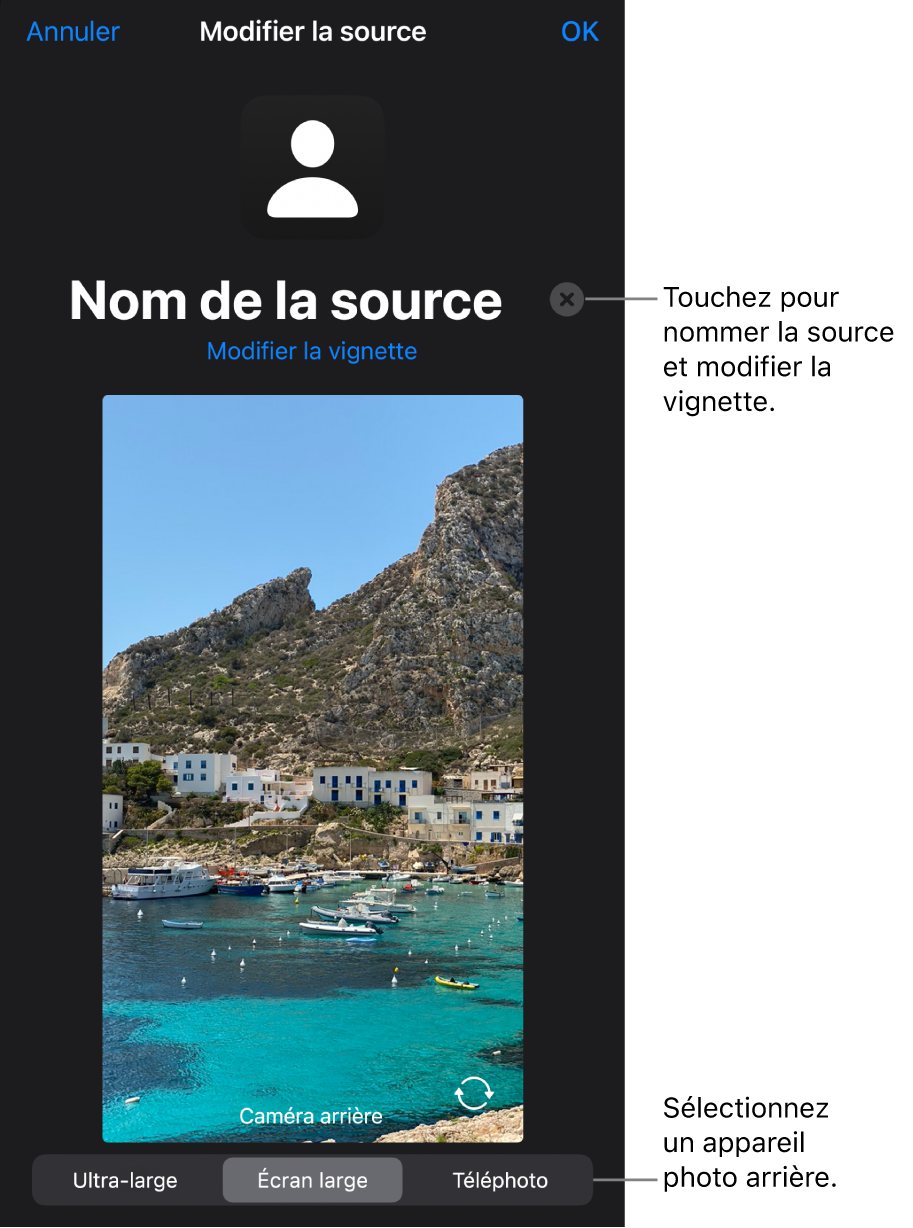 La fenêtre Nouvelle source, avec des commandes pour modifier le nom et la vignette de la source au-dessus d’un aperçu en direct de l’appareil photo. Si votre iPhone possède plusieurs appareils photo arrière, des boutons pour les sélectionner apparaissent au bas de l’écran.