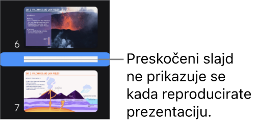 Navigator slajda prikazuje preskočeni slajd u obliku vodoravne linije.