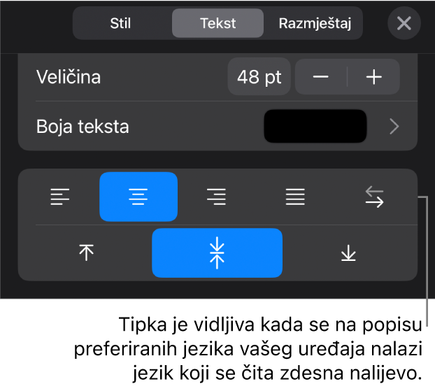 Kontrole teksta na izborniku Formatiraj s oblačićem na tipku S desna na lijevo.