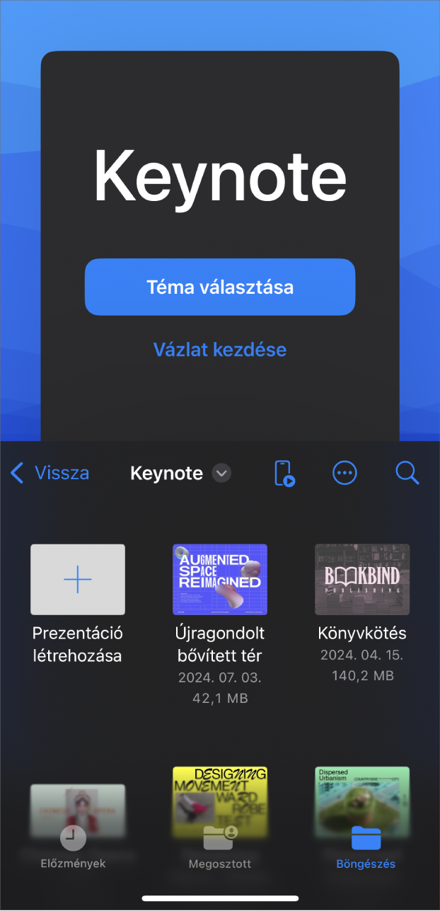 A Keynote dokumentumkezelője a diabemutató témából vagy vázlatból történő létrehozására szolgáló gombokkal a képernyő tetején, és a mentett prezentációk megnyitására szolgáló vezérlőkkel a képernyő alján.