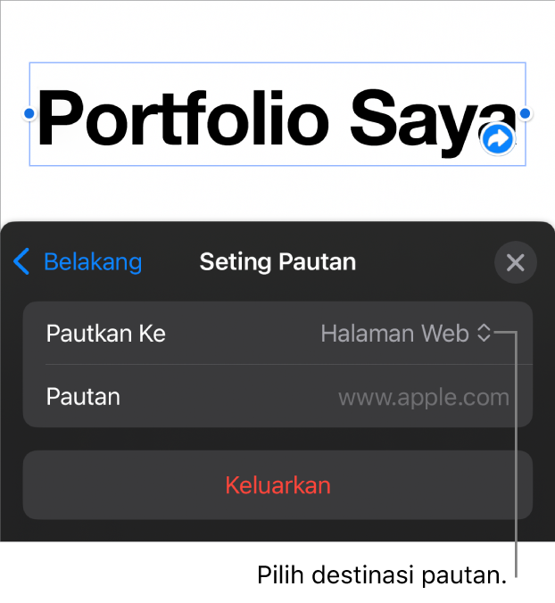 Kawalan Seting Pautan dengan Halaman Web dipilih dan butang Keluarkan di bahagian bawah.