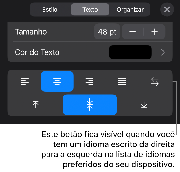 Controles de texto no menu Formatar com uma chamada para o botão da Direita para a Esquerda.