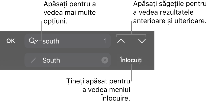 Comenzile Găsește și înlocuiește de deasupra tastaturii, cu butoanele Înlocuiește, În sus și În jos și o săgeată pe care trebuie apăsat pentru Opțiuni de căutare.