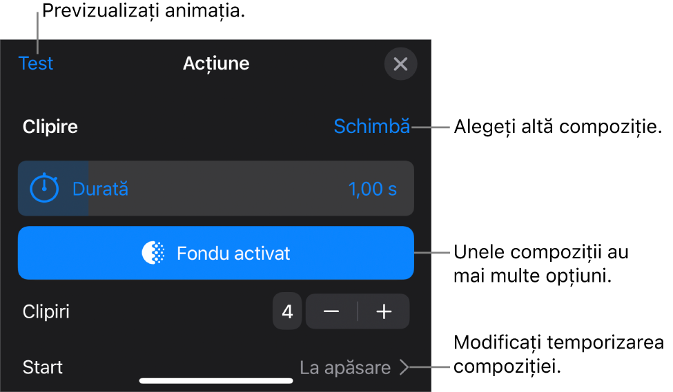 Opțiunile de compoziție includ Durata și Începere temporizare. Apăsați Schimbați pentru a alege o altă compoziție sau apăsați Preafișează pentru a previzualiza compoziția.