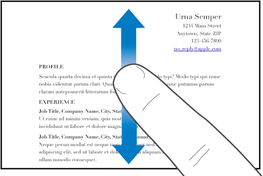 Un deget glisând în sus și în jos într-un document.