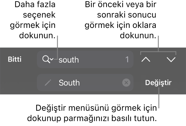 Değiştir, Yukarı Git ve Aşağı Git düğmeleri ve Arama Seçenekleri’ne dokunmaya yönelik bir okla klavyenin üst tarafındaki Bul ve Değiştir denetimleri.