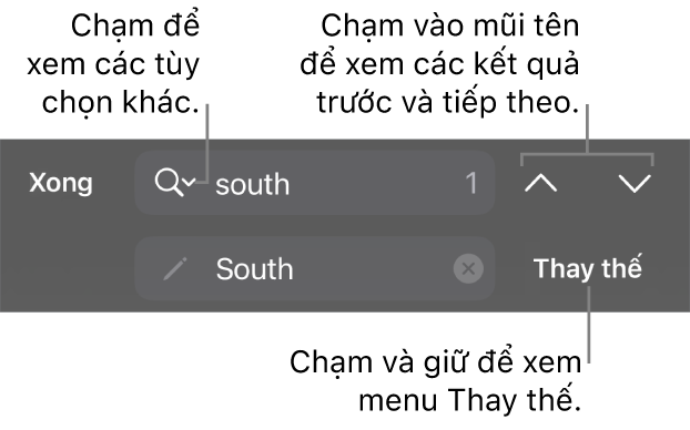 Các điều khiển Tìm & Thay thế phía trên bàn phím có nút Thay thế, Đi lên và Đi xuống và một mũi tên để chạm vào cho Tùy chọn tìm kiếm.