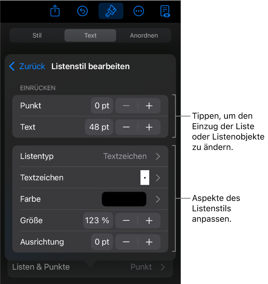 Das Menü „Listenstil bearbeiten“ mit Steuerelementen zum Bearbeiten des Typs und Erscheinungsbilds der Liste.