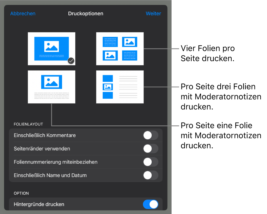 Optionen für das Drucklayout.