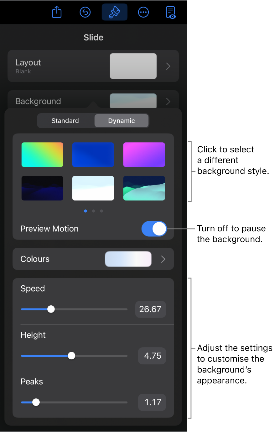 The dynamic background controls with the background style thumbnails, Preview Motion button and customisation controls displayed.