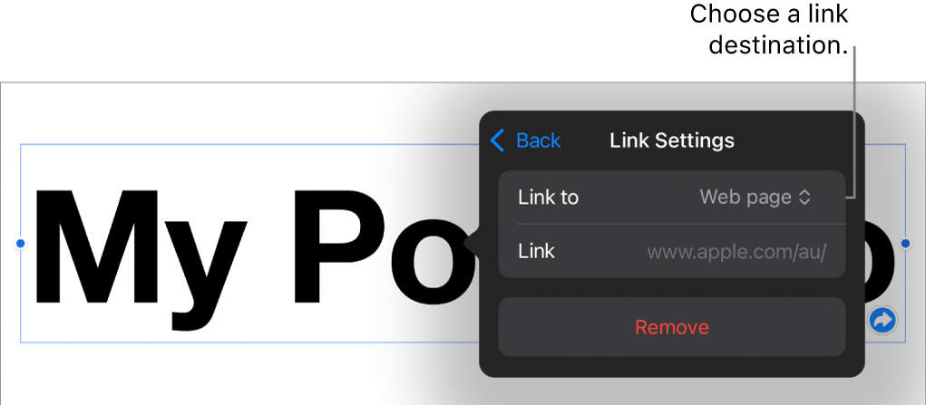 The Link Settings controls with Web Page selected, and the Remove button at the bottom.